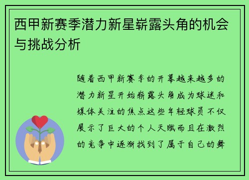 西甲新赛季潜力新星崭露头角的机会与挑战分析